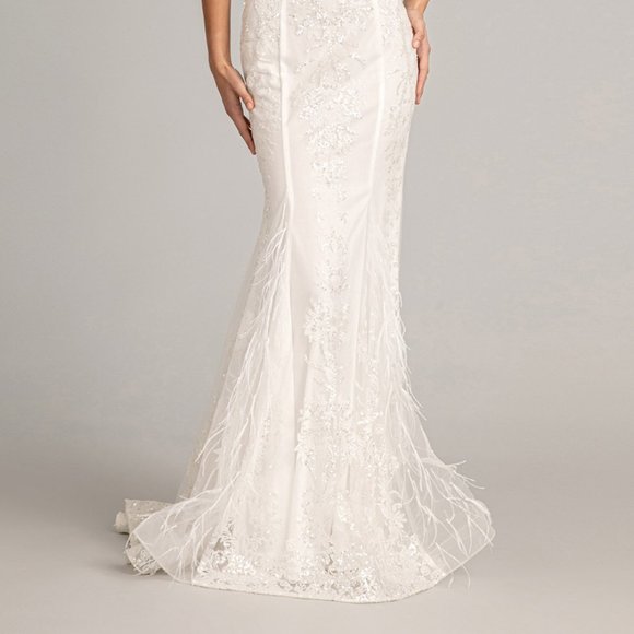 WHITE Feather Embellished Sleeveless Glitter Mesh Prom Dress Sheer Back GL1983 - Picture 7 of 8